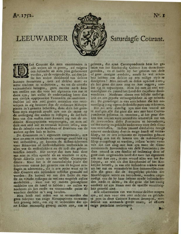 Voorpagina van de eerste Leeuwarder Courant uit 1752