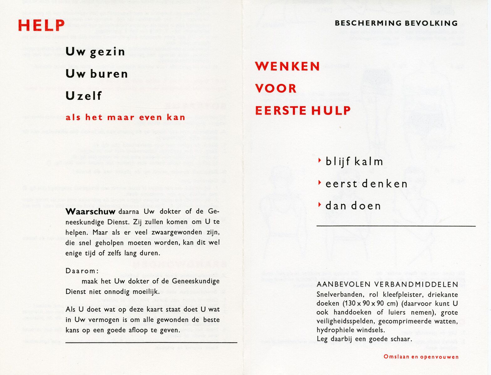 Voor- en achterzijde van brochure met informatie in woord en beeld over eerste hulp