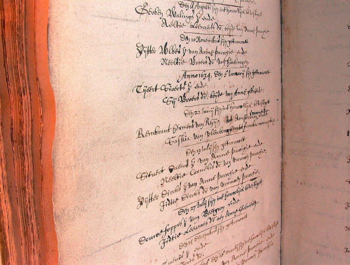 Trouwakte van Rembrandt van Rijn en Saskia van Uylenburgh in 1634 te Sint Annaparochie, Friesland
